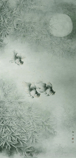 《金鳞戏月》2015年作  65x134cm